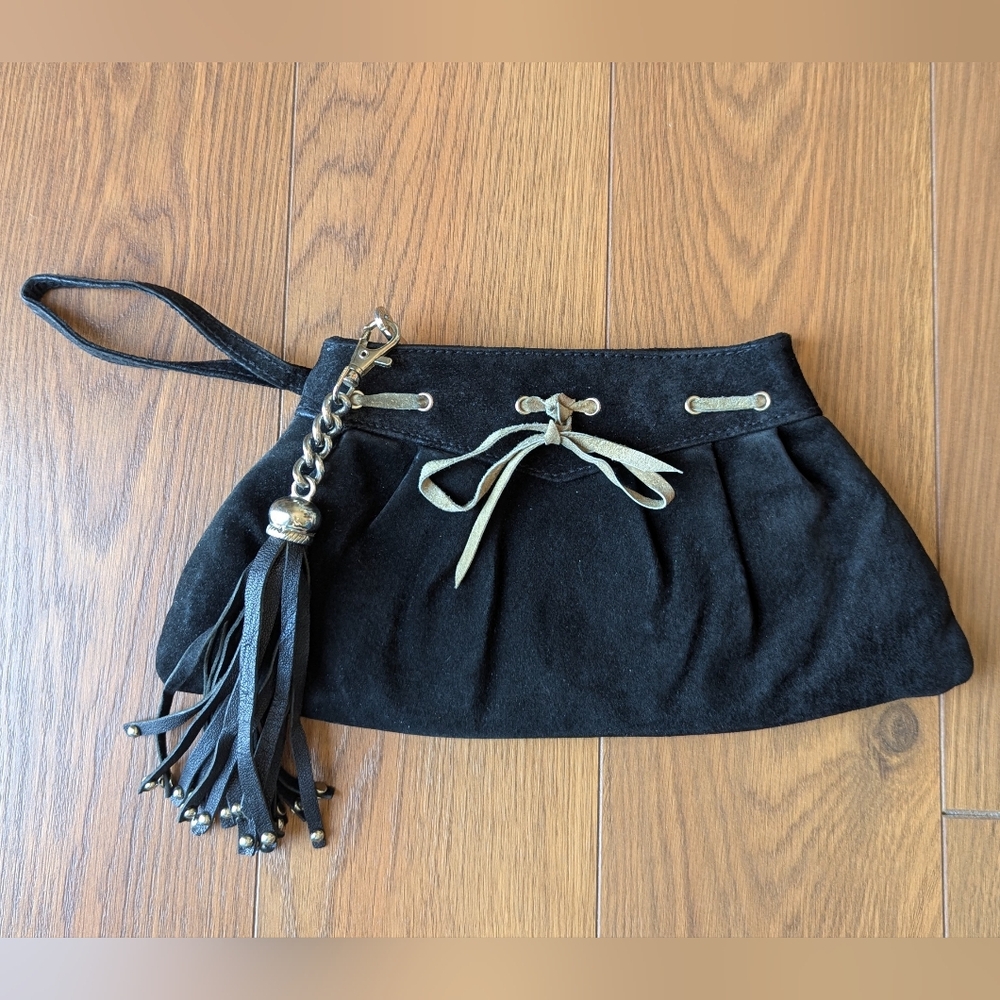 Wilsons Leather Vintage Y2K Maxima Suede Clutch Black Leather Tassel